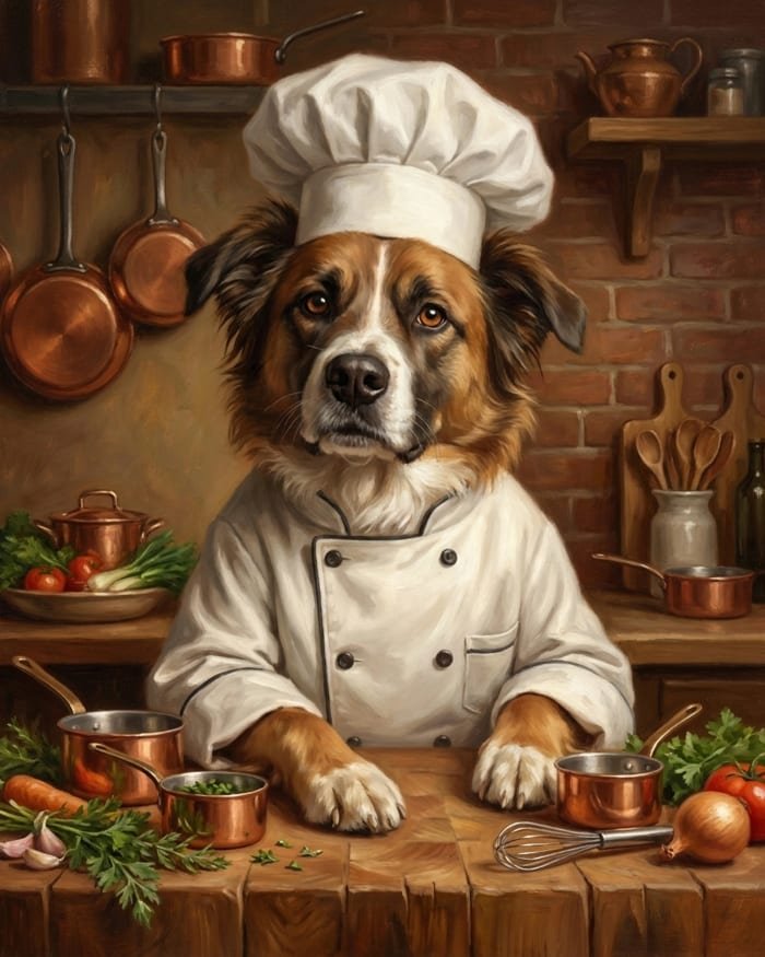 A dog rendered as a chef